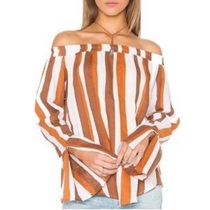 Faithful The Brand Melros 100% Linen Striped Off the Shoulder Top.